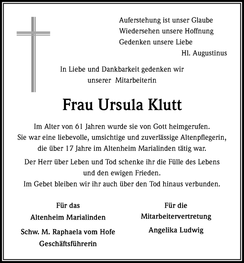  Traueranzeige für Ursula Klutt vom 07.08.2013 aus Kölner Stadt-Anzeiger / Kölnische Rundschau / Express