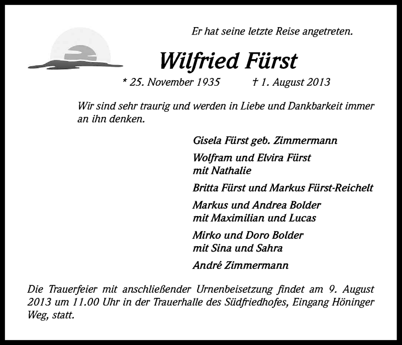  Traueranzeige für Wilfried Fürst vom 07.08.2013 aus Kölner Stadt-Anzeiger / Kölnische Rundschau / Express