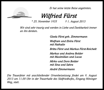 Anzeige von Wilfried Fürst von Kölner Stadt-Anzeiger / Kölnische Rundschau / Express