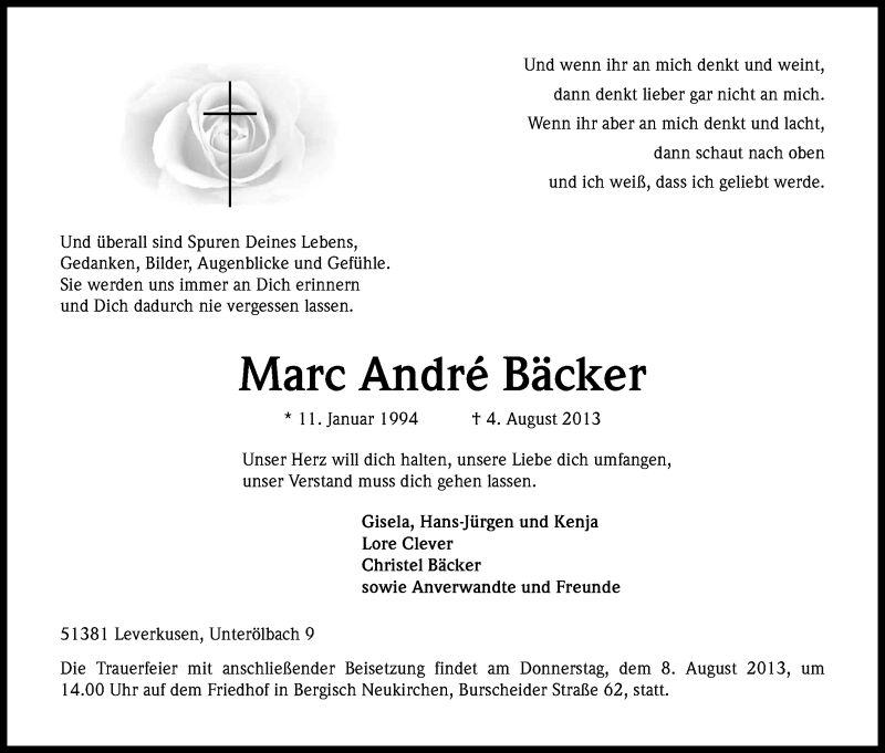  Traueranzeige für Marc-André Bäcker vom 07.08.2013 aus Kölner Stadt-Anzeiger / Kölnische Rundschau / Express