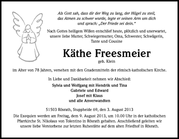 Anzeige von Käthe Freesmeier von Kölner Stadt-Anzeiger / Kölnische Rundschau / Express