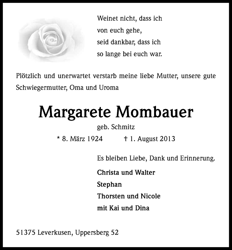  Traueranzeige für Margarete Mombauer vom 07.08.2013 aus Kölner Stadt-Anzeiger / Kölnische Rundschau / Express