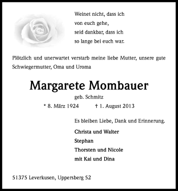 Anzeige von Margarete Mombauer von Kölner Stadt-Anzeiger / Kölnische Rundschau / Express