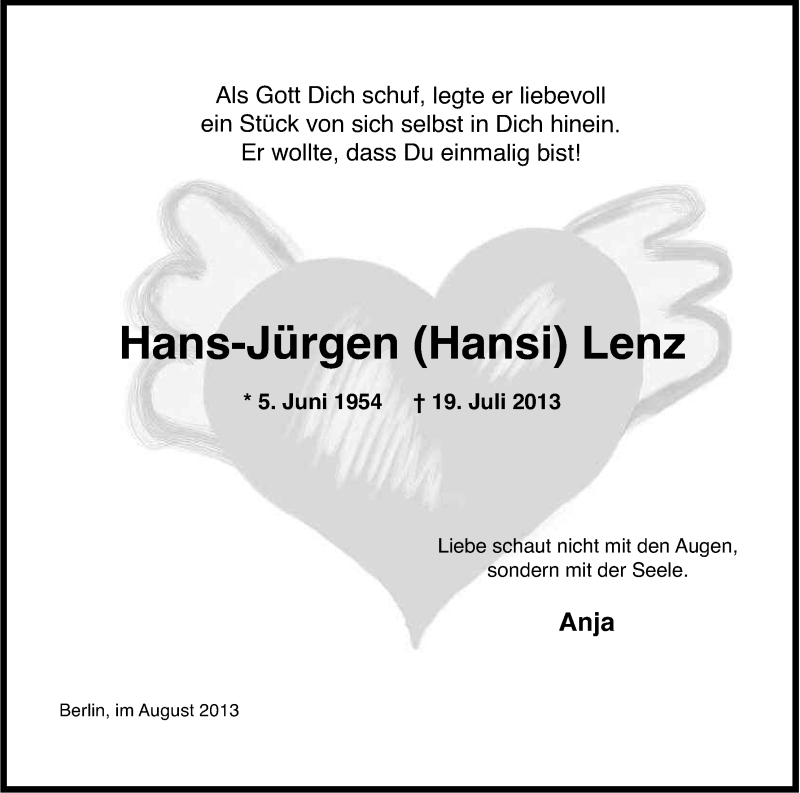  Traueranzeige für Hans-Jürgen Lenz vom 10.08.2013 aus Kölner Stadt-Anzeiger / Kölnische Rundschau / Express