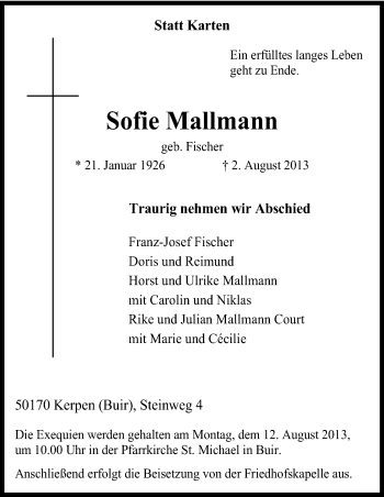 Anzeige von Sofie Mallmann von Kölner Stadt-Anzeiger / Kölnische Rundschau / Express