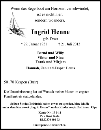 Anzeige von Ingrid Henne von Kölner Stadt-Anzeiger / Kölnische Rundschau / Express