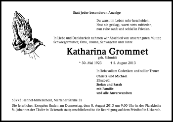 Anzeige von Katharina Grommet von Kölner Stadt-Anzeiger / Kölnische Rundschau / Express