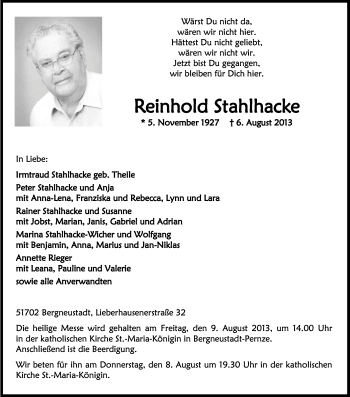 Anzeige von Reinhold Stahlhacke von Kölner Stadt-Anzeiger / Kölnische Rundschau / Express