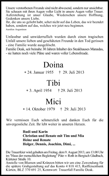 Anzeige von Doina und Tibi und Mici  von Kölner Stadt-Anzeiger / Kölnische Rundschau / Express