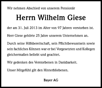Anzeige von Wilhelm Giese von Kölner Stadt-Anzeiger / Kölnische Rundschau / Express