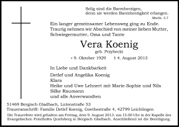 Anzeige von Vera König von Kölner Stadt-Anzeiger / Kölnische Rundschau / Express