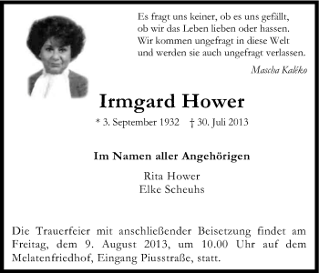 Anzeige von Irmgard Hower von Kölner Stadt-Anzeiger / Kölnische Rundschau / Express