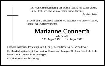 Anzeige von Marianne Connerth von Kölner Stadt-Anzeiger / Kölnische Rundschau / Express