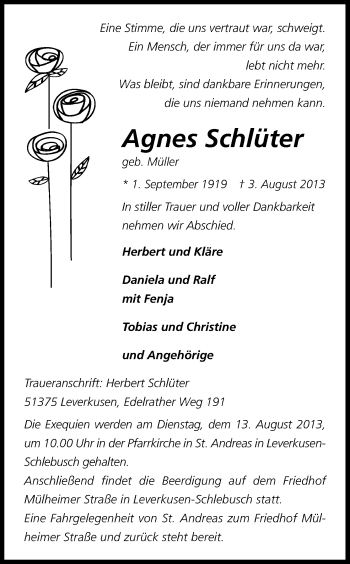 Anzeige von Agnes Schlüter von Kölner Stadt-Anzeiger / Kölnische Rundschau / Express