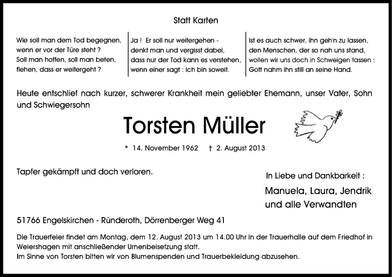  Traueranzeige für Torsten Müller vom 07.08.2013 aus Kölner Stadt-Anzeiger / Kölnische Rundschau / Express