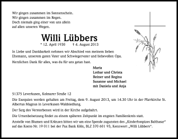 Anzeige von Willi Lübbers von Kölner Stadt-Anzeiger / Kölnische Rundschau / Express