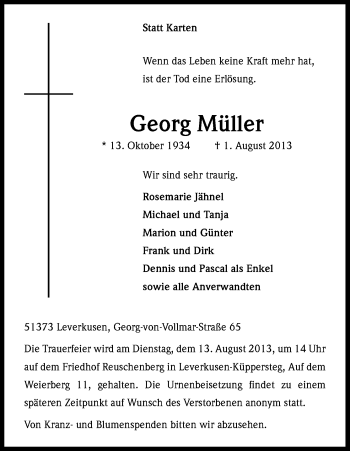 Anzeige von Georg Müller von Kölner Stadt-Anzeiger / Kölnische Rundschau / Express