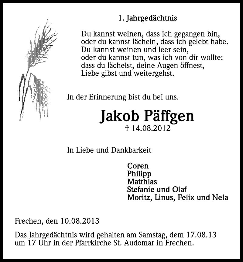  Traueranzeige für Jakob Päffgen vom 10.08.2013 aus Kölner Stadt-Anzeiger / Kölnische Rundschau / Express
