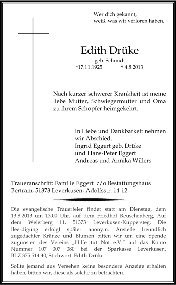 Anzeige von Edith Drüke von Kölner Stadt-Anzeiger / Kölnische Rundschau / Express