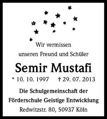 Anzeige von Semir Mustafi von Kölner Stadt-Anzeiger / Kölnische Rundschau / Express