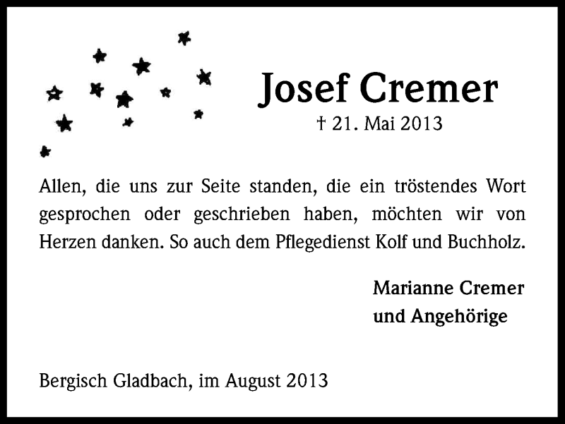  Traueranzeige für Josef Cremer vom 10.08.2013 aus Kölner Stadt-Anzeiger / Kölnische Rundschau / Express