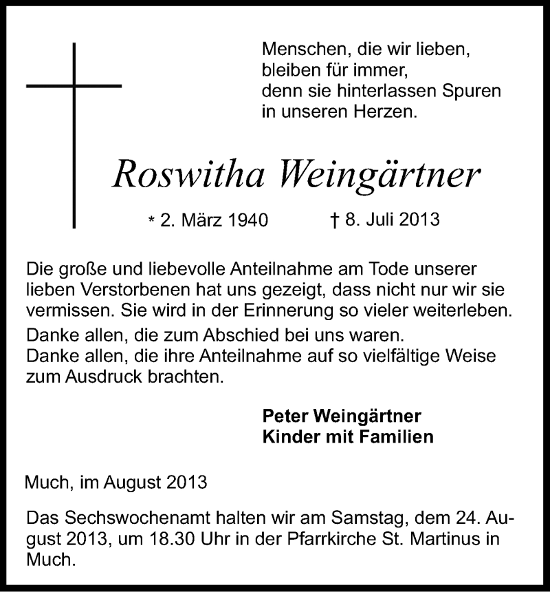  Traueranzeige für Roswitha Weingärtner vom 09.08.2013 aus Kölner Stadt-Anzeiger / Kölnische Rundschau / Express