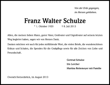 Anzeige von Franz Walter Schulze von Kölner Stadt-Anzeiger / Kölnische Rundschau / Express