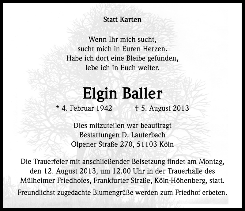  Traueranzeige für Elgin Baller vom 08.08.2013 aus Kölner Stadt-Anzeiger / Kölnische Rundschau / Express