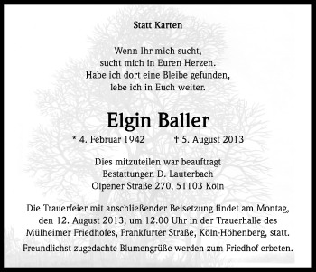 Anzeige von Elgin Baller von Kölner Stadt-Anzeiger / Kölnische Rundschau / Express