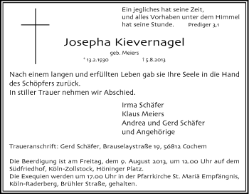 Anzeige von Josepha Kievernagel von Kölner Stadt-Anzeiger / Kölnische Rundschau / Express