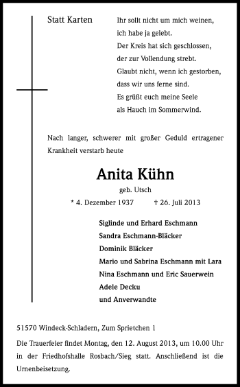 Anzeige von Anita Kühn von Kölner Stadt-Anzeiger / Kölnische Rundschau / Express