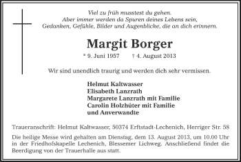 Anzeige von Margit Borger von Kölner Stadt-Anzeiger / Kölnische Rundschau / Express