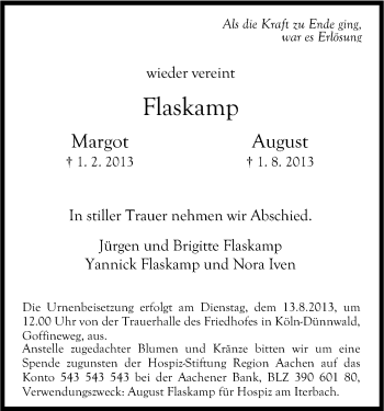 Anzeige von Margot Flaskamp von Kölner Stadt-Anzeiger / Kölnische Rundschau / Express