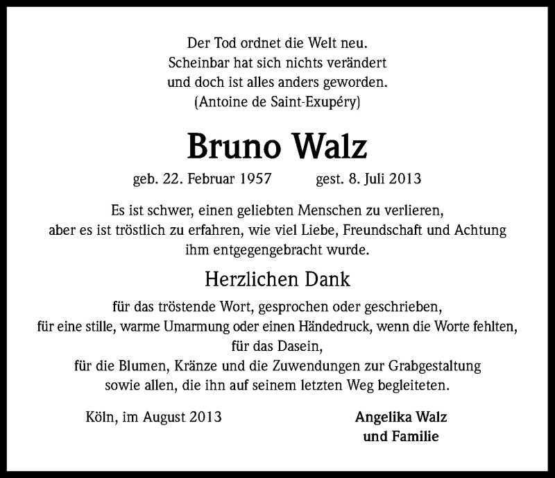  Traueranzeige für Bruno Walz vom 10.08.2013 aus Kölner Stadt-Anzeiger / Kölnische Rundschau / Express