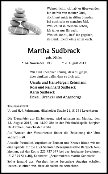 Anzeige von Martha Sudbrack von Kölner Stadt-Anzeiger / Kölnische Rundschau / Express