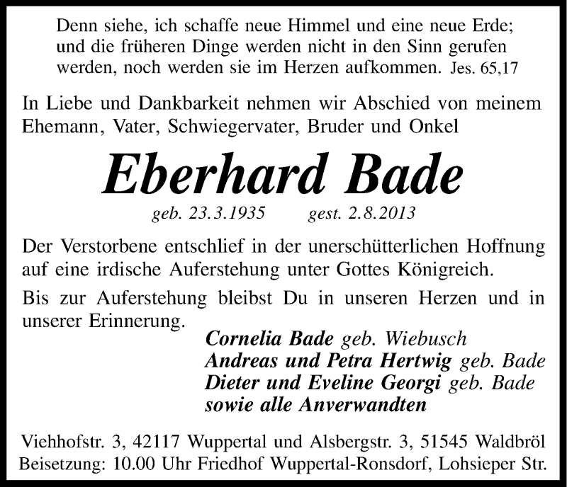 Traueranzeige für Eberhard Bade vom 08.08.2013 aus Kölner Stadt-Anzeiger / Kölnische Rundschau / Express