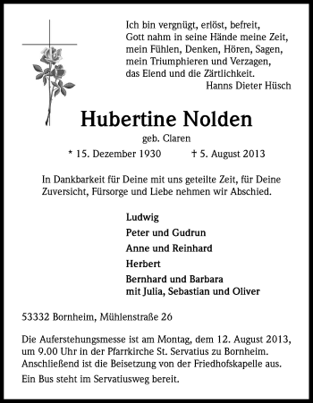 Anzeige von Hubertine Nolden von Kölner Stadt-Anzeiger / Kölnische Rundschau / Express
