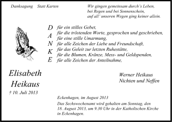 Anzeige von Elisabeth Heikaus von Kölner Stadt-Anzeiger / Kölnische Rundschau / Express