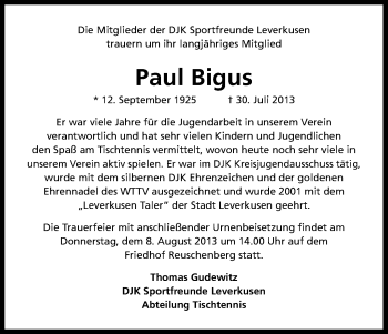 Anzeige von Paul Bigus von Kölner Stadt-Anzeiger / Kölnische Rundschau / Express