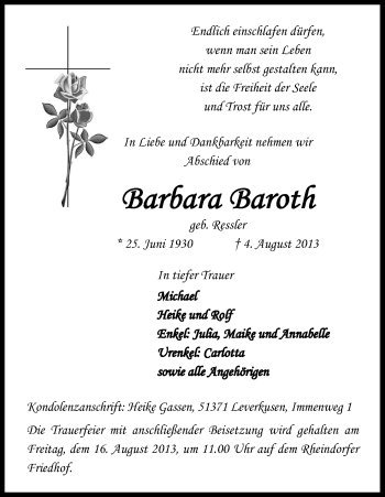Anzeige von Barbara Baroth von Kölner Stadt-Anzeiger / Kölnische Rundschau / Express