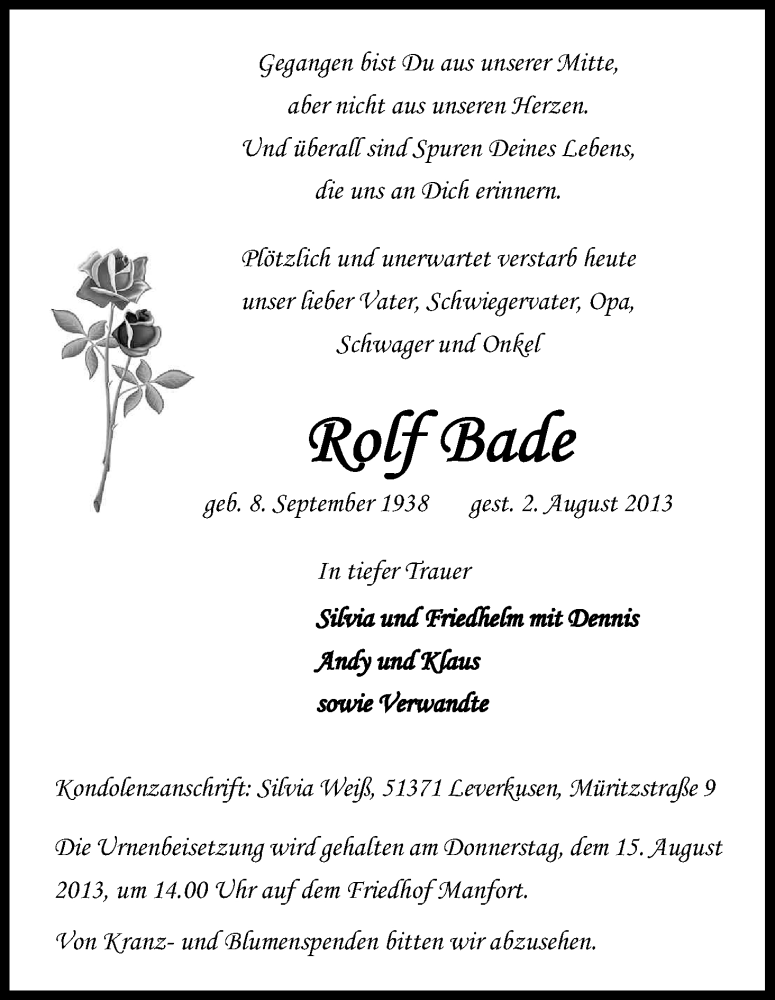  Traueranzeige für Rolf Bade vom 10.08.2013 aus Kölner Stadt-Anzeiger / Kölnische Rundschau / Express