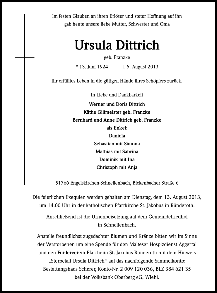  Traueranzeige für Ursula Dittrich vom 08.08.2013 aus Kölner Stadt-Anzeiger / Kölnische Rundschau / Express