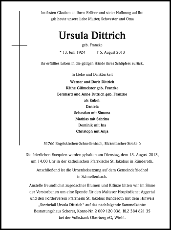 Anzeige von Ursula Dittrich von Kölner Stadt-Anzeiger / Kölnische Rundschau / Express