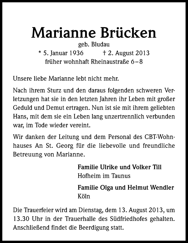  Traueranzeige für Marianne Brücken vom 10.08.2013 aus Kölner Stadt-Anzeiger / Kölnische Rundschau / Express