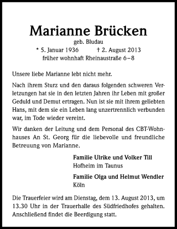Anzeige von Marianne Brücken von Kölner Stadt-Anzeiger / Kölnische Rundschau / Express