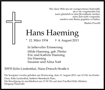 Anzeige von Hans Haeming von Kölner Stadt-Anzeiger / Kölnische Rundschau / Express