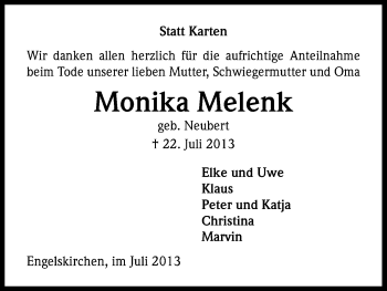 Anzeige von Monika Melenk von Kölner Stadt-Anzeiger / Kölnische Rundschau / Express