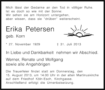 Anzeige von Erika Petersen von Kölner Stadt-Anzeiger / Kölnische Rundschau / Express
