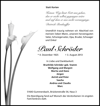 Anzeige von Paul Schröder von Kölner Stadt-Anzeiger / Kölnische Rundschau / Express