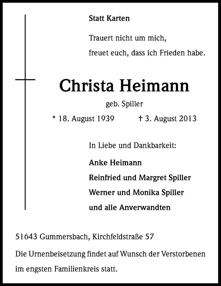  Traueranzeige für Christa Heimann vom 08.08.2013 aus Kölner Stadt-Anzeiger / Kölnische Rundschau / Express